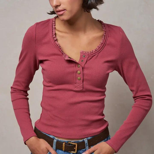 Ribbed Henley w/ Crochet Trim Neckline- Mauve