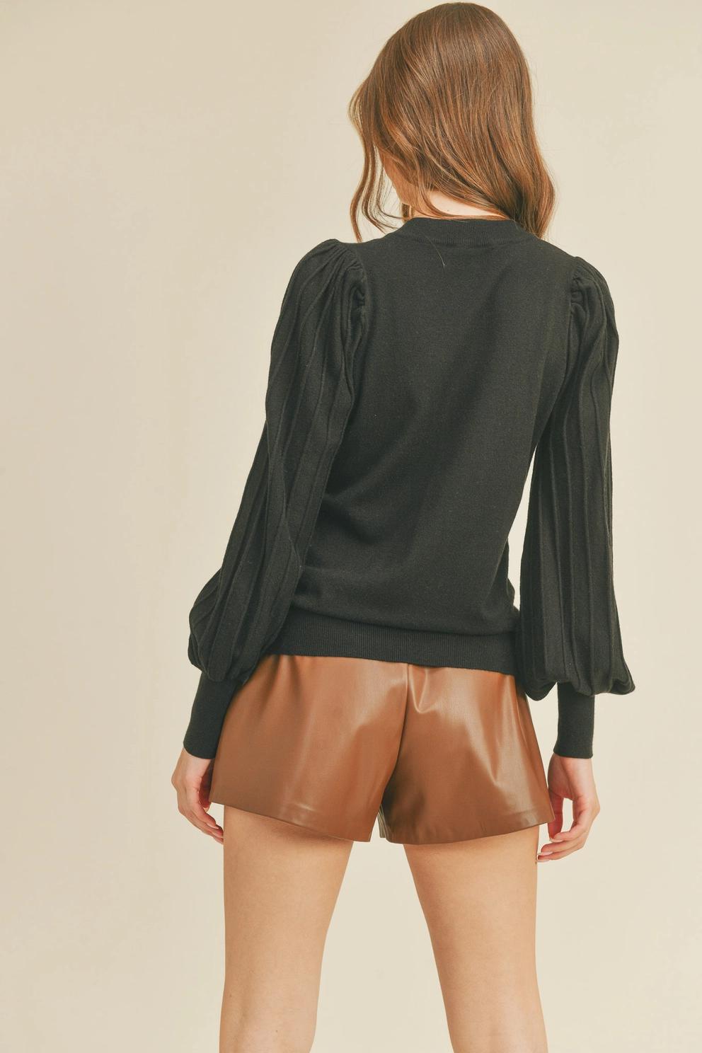 Stripe Texture Puff Sleeve Sweater (Forest Green)