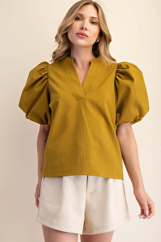 V-Neck Puff Sleeve Top (Mustard)