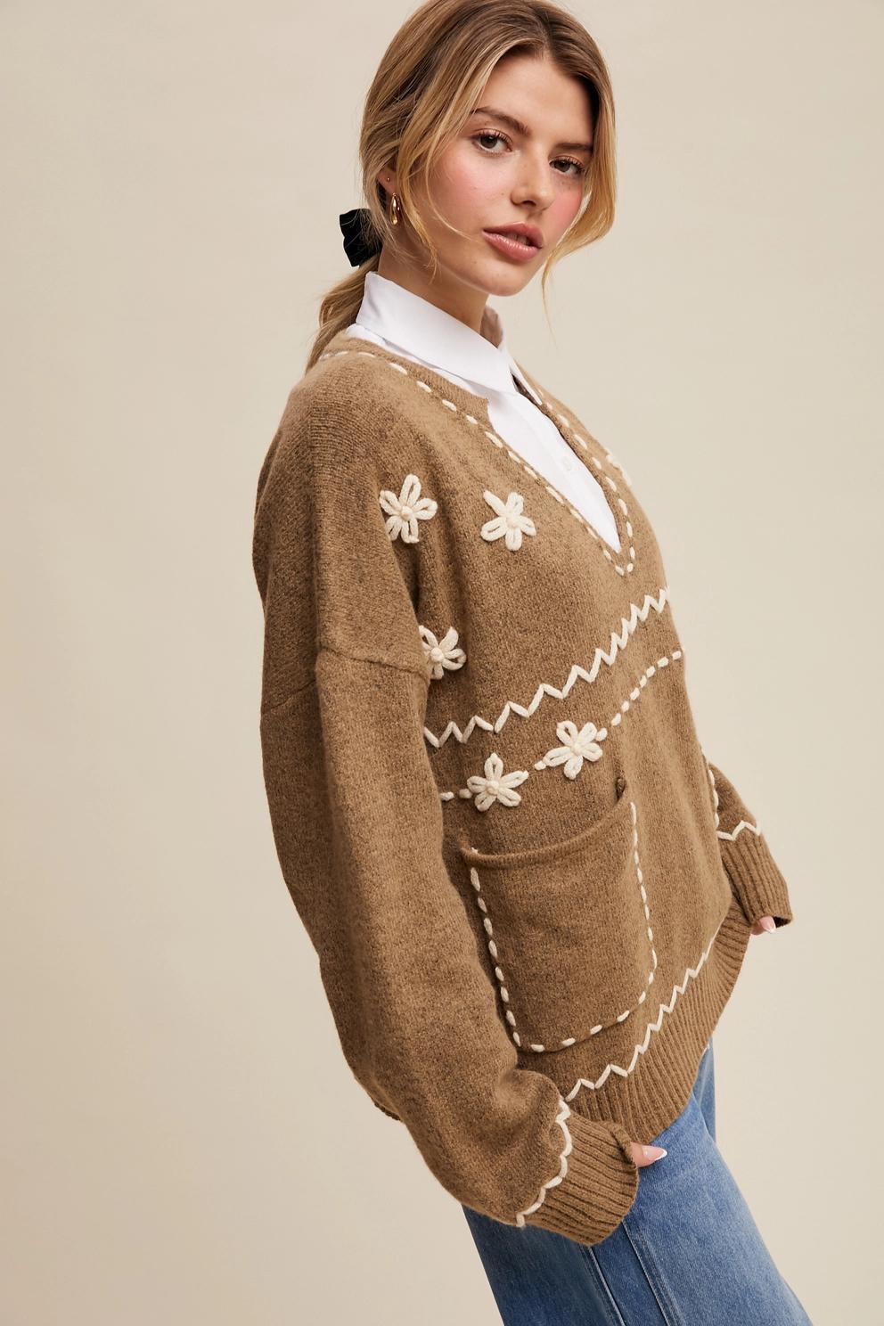 Floral Embroidered Knit Sweater