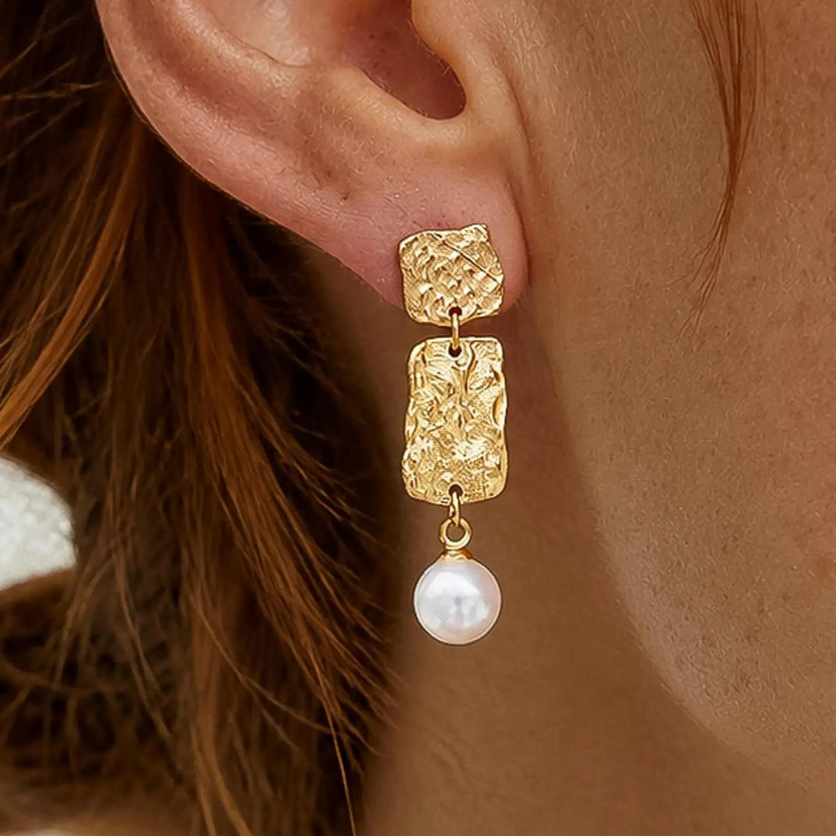 Amabel 18K Gold Non-Tarnish Hammered Pearl Drop Earrings