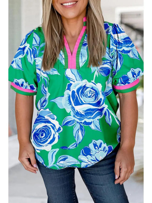 Floral Print Short Puff Sleeve Top