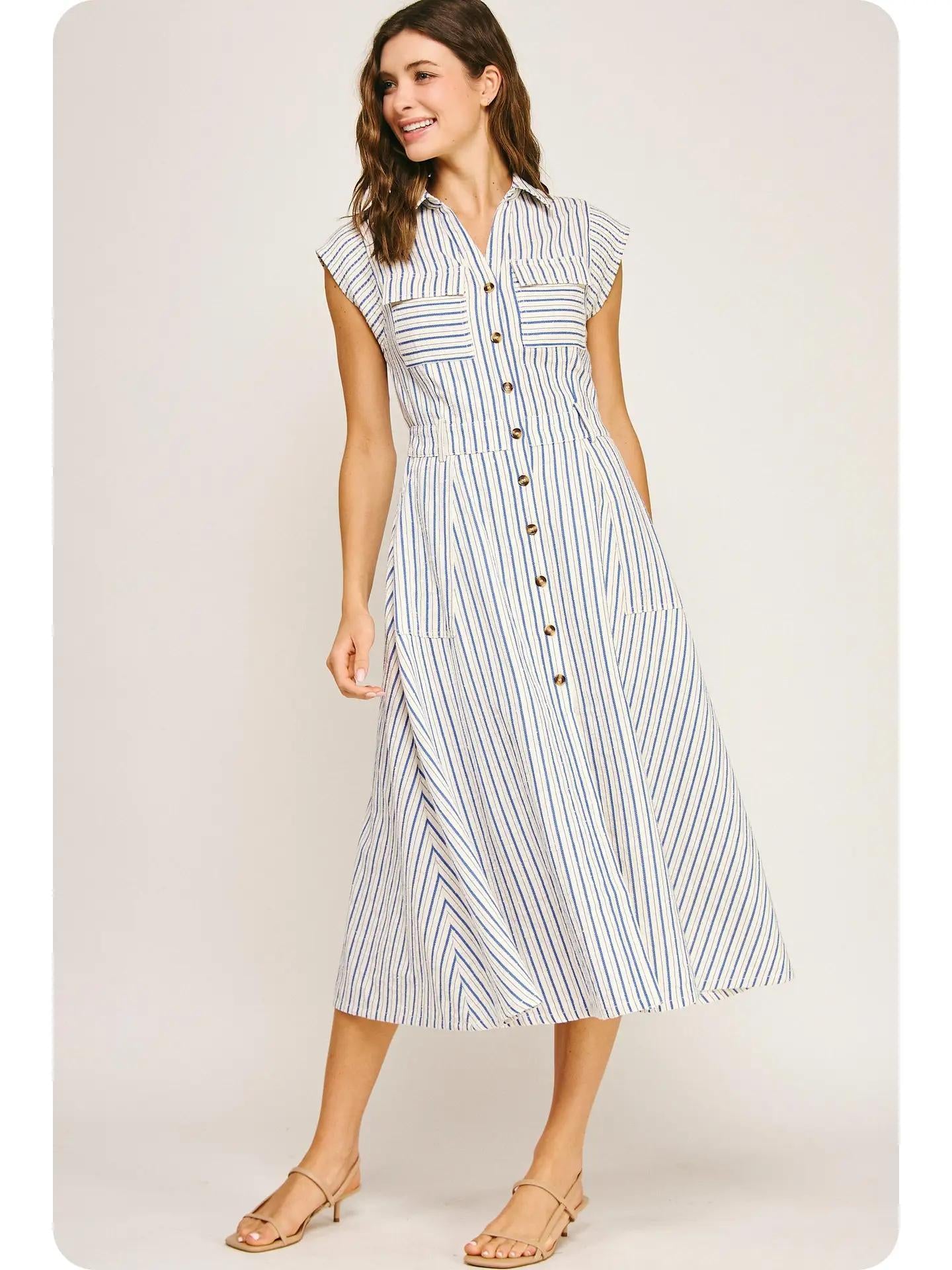 Top-Stitch Sleeveless Stripe Cotton Midi Dress