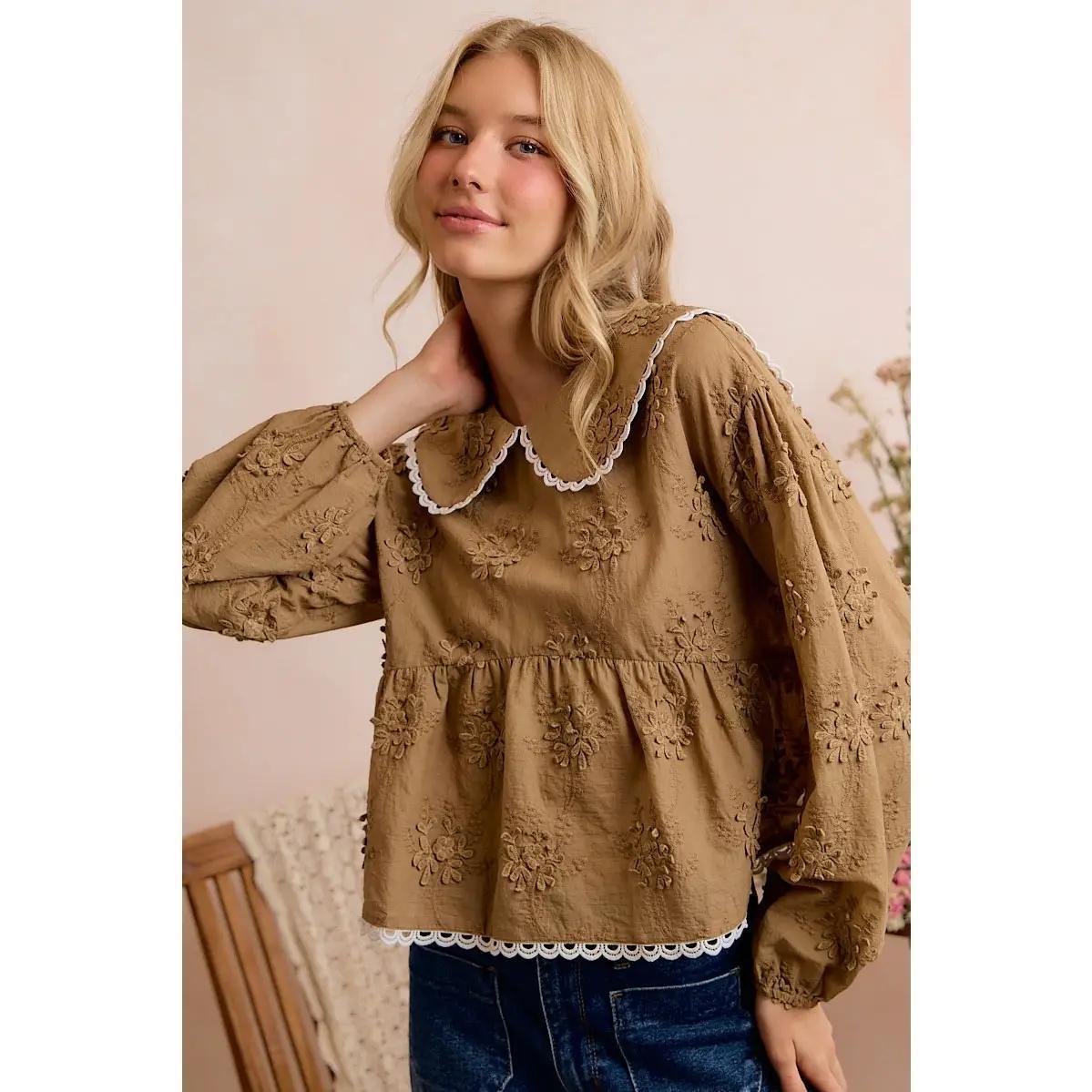 Peter Pan Collar Long Sleeve Blouse with Scallop Lace Trim
