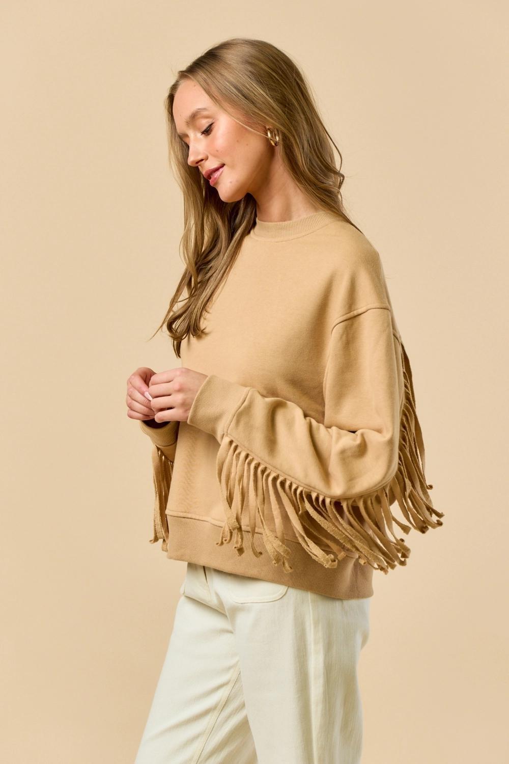Crew Neck Long-Sleeve French Terry Top with Fringe