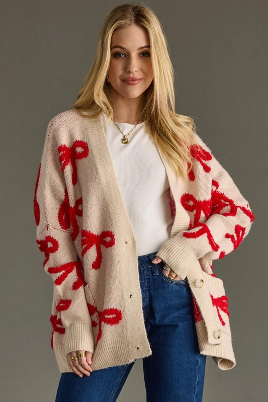Tan & Red Bow Cardigan