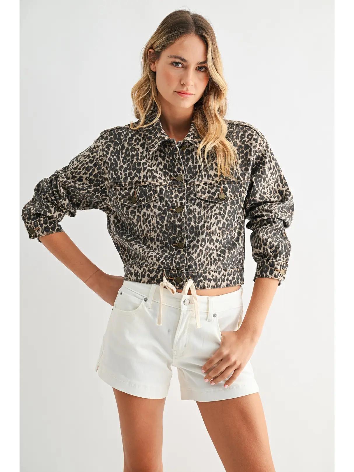 Adjustable Cropped Denim Jacket - Leopard