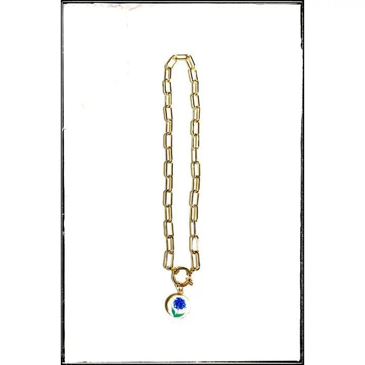 Gold Paperclip Chain Charm Necklace Pendant Flower