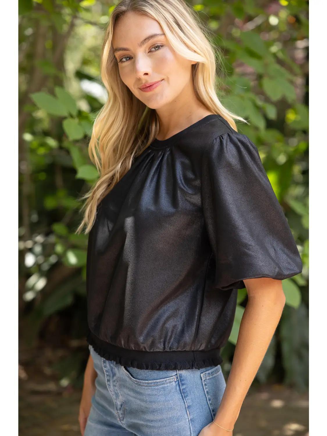 Ribbed Knit Band Solid Faux Leather Top