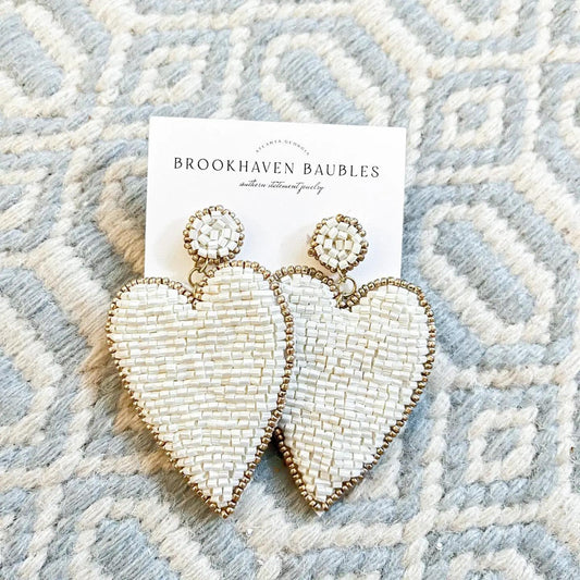 Pearl White Beaded Heart Earrings with Gold Accents