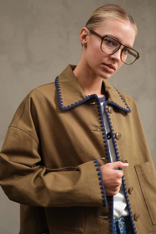 Collar Jacket with Contrast Stitching