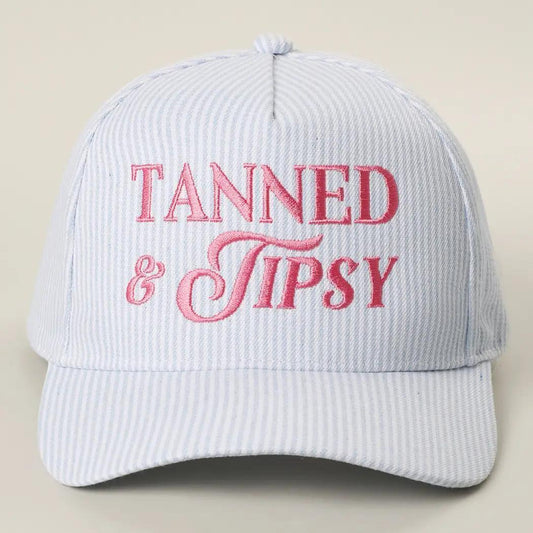 Tanned & Tipsy Embroidered Seersucker Stripe Trucker Hat