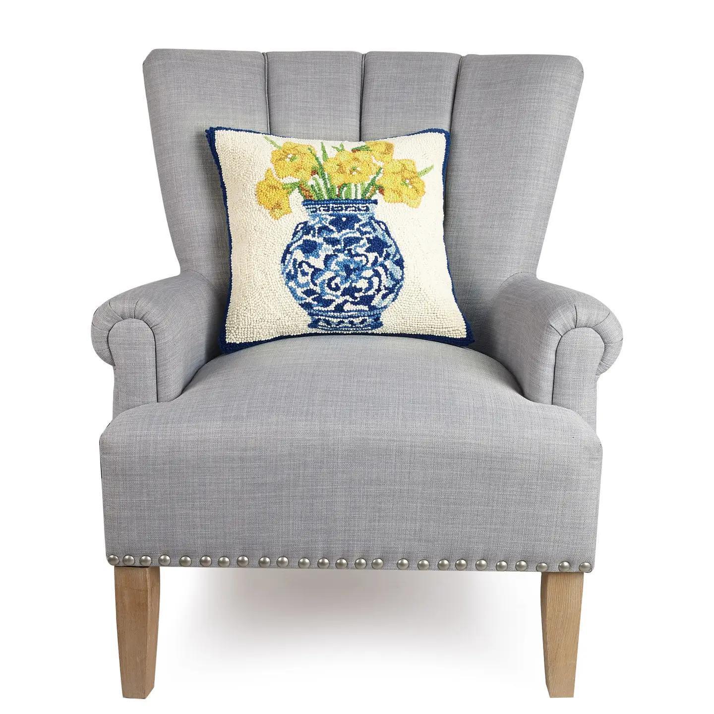 Chinoiserie Vase Daffodils Hook Pillow - Sally Eckman Roberts