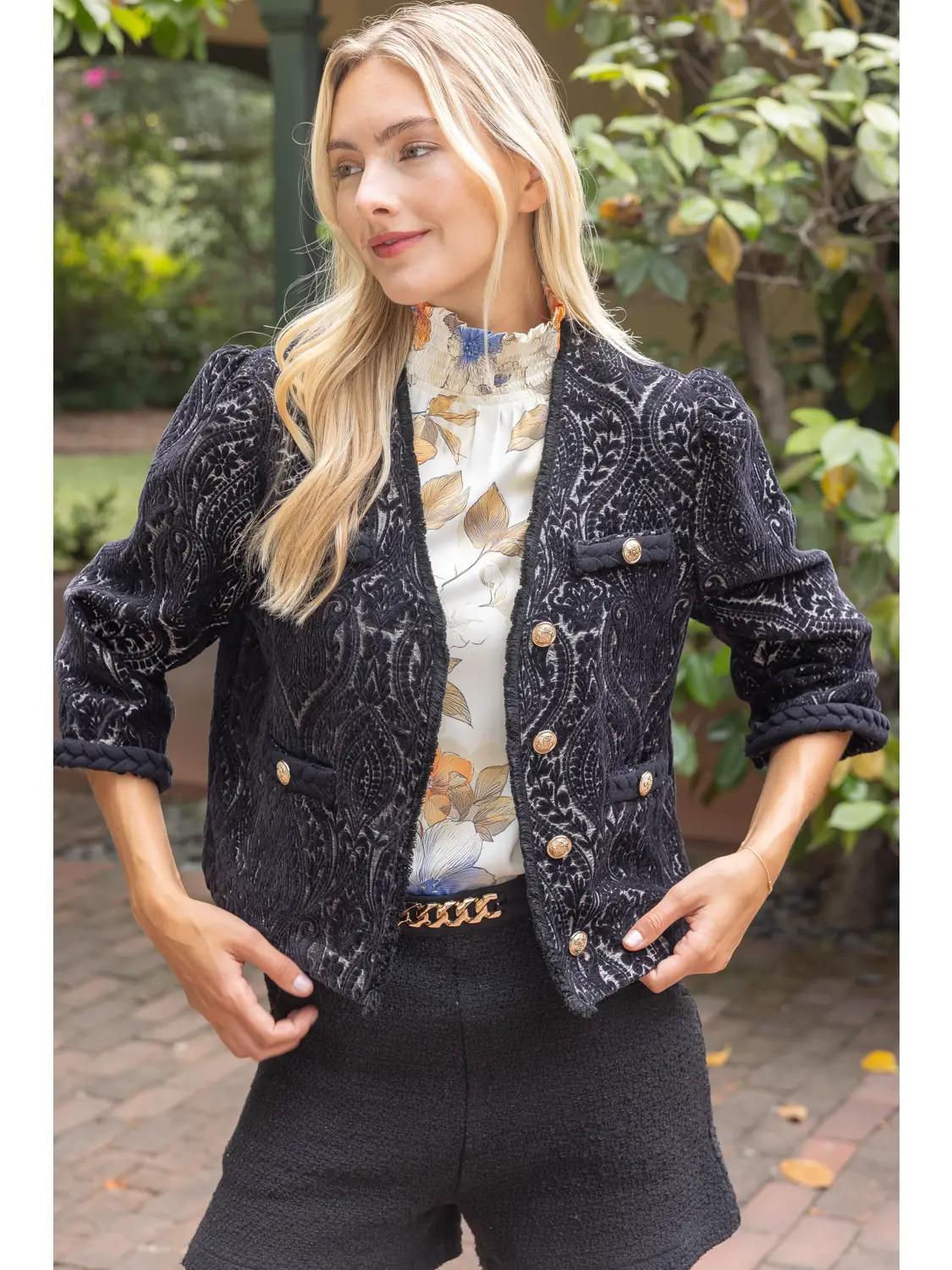 Braid and Gold Button Detail Velvet Jacquard Blazer