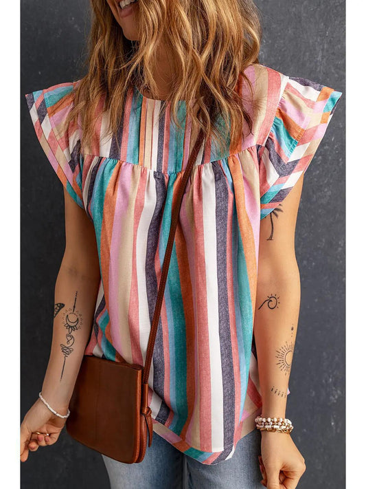 Women Striped Print Ruffle Cap Sleeve Top