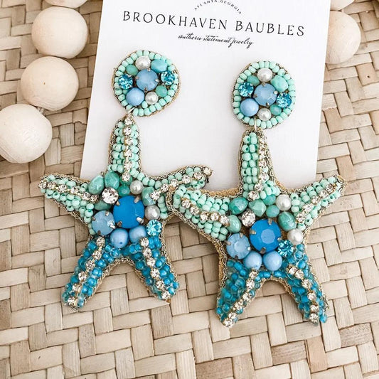 Teal Blue Starfish Crystal Beaded Statement Earrings