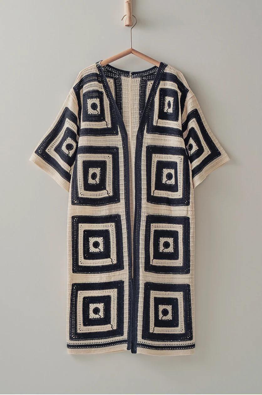 Geometric Crochet Midi Length Open Front Caridgan