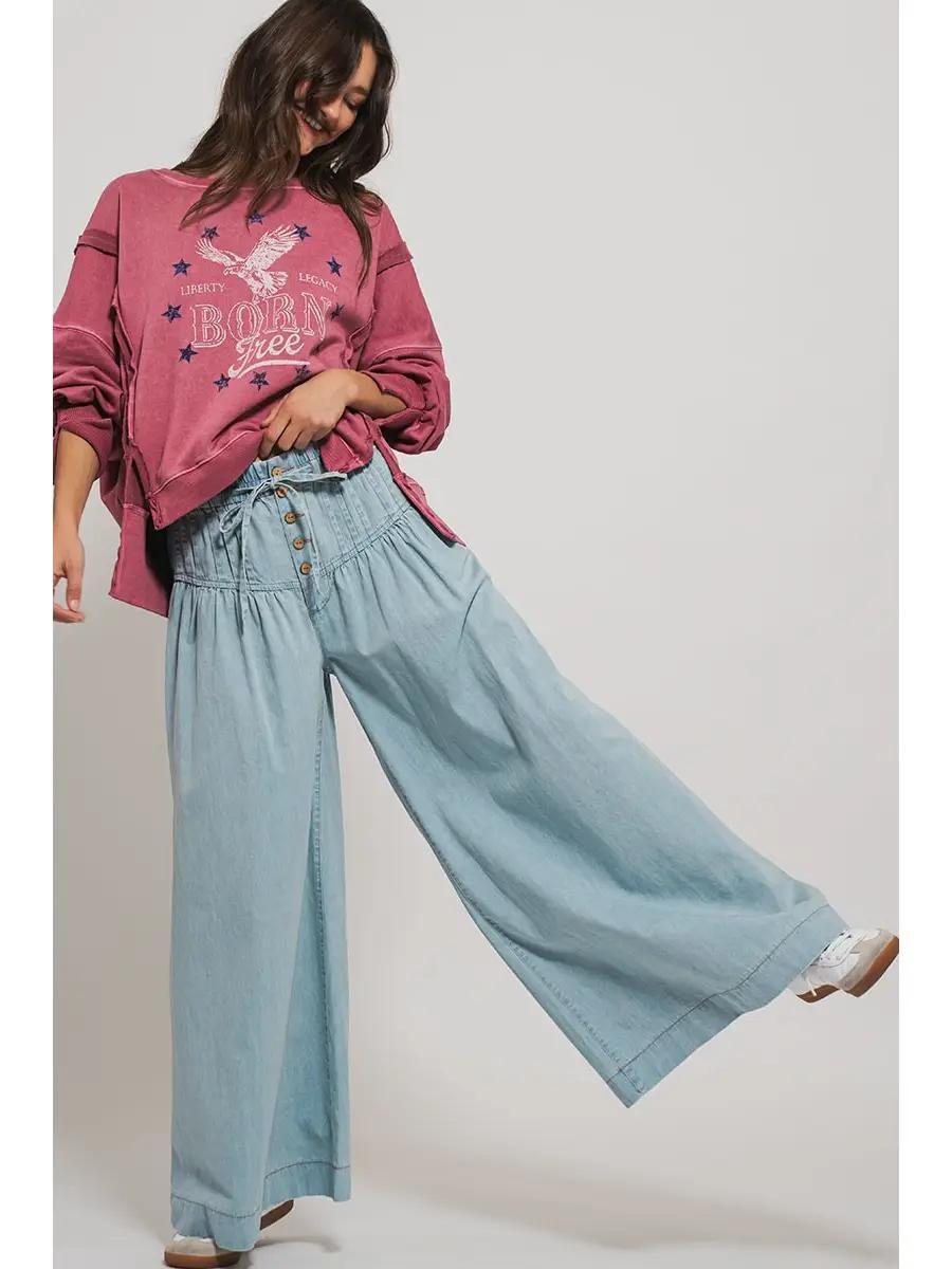 Pleated Wide-Leg Button Closure Pants