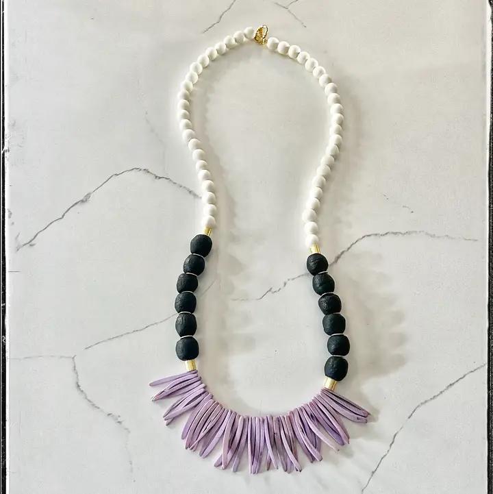 Black Recycled Glass Bead & Purple Wood Stick Bead Necklace