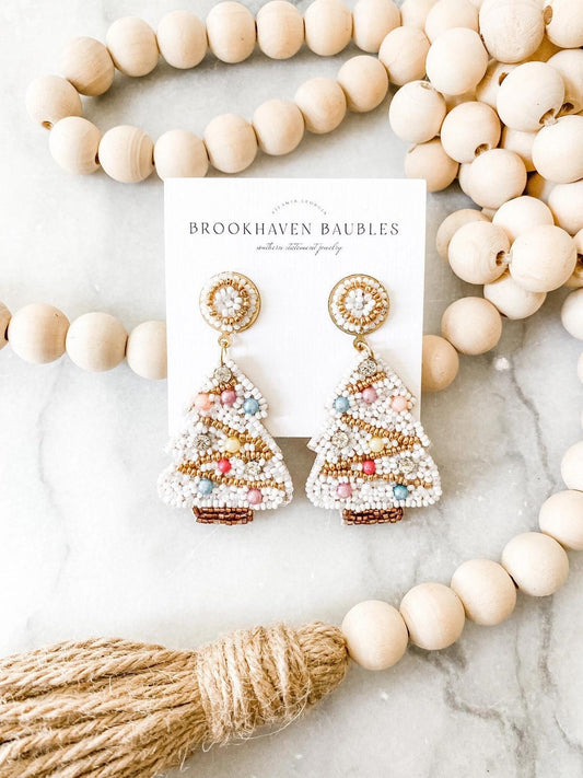 White Christmas Tree Beaded Statement Earrings