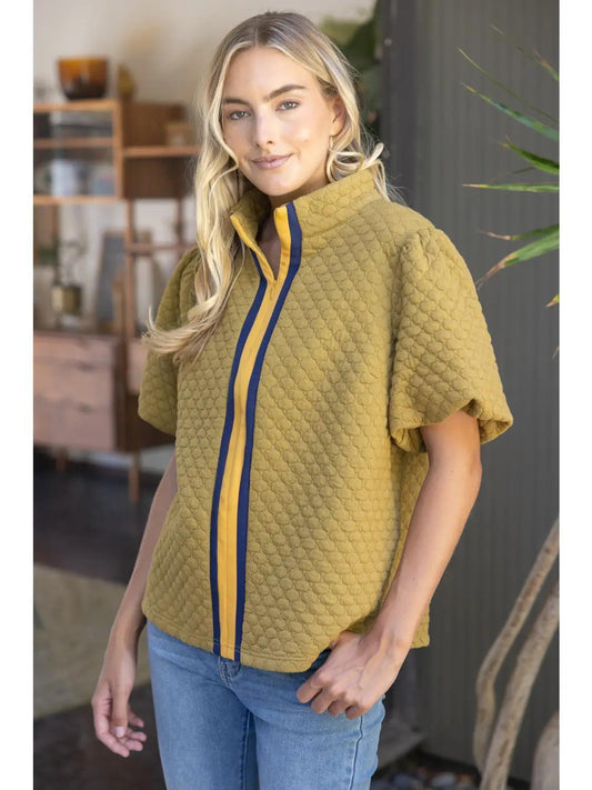 Stripe Placket Quarter Zipper Quilted Top