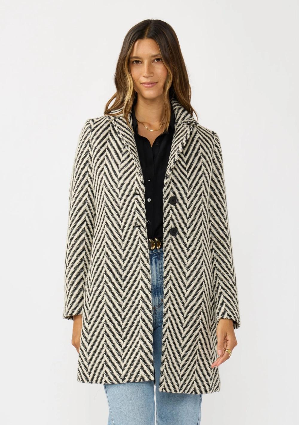 Chevron Notched Lapel Long Sleeve Coat