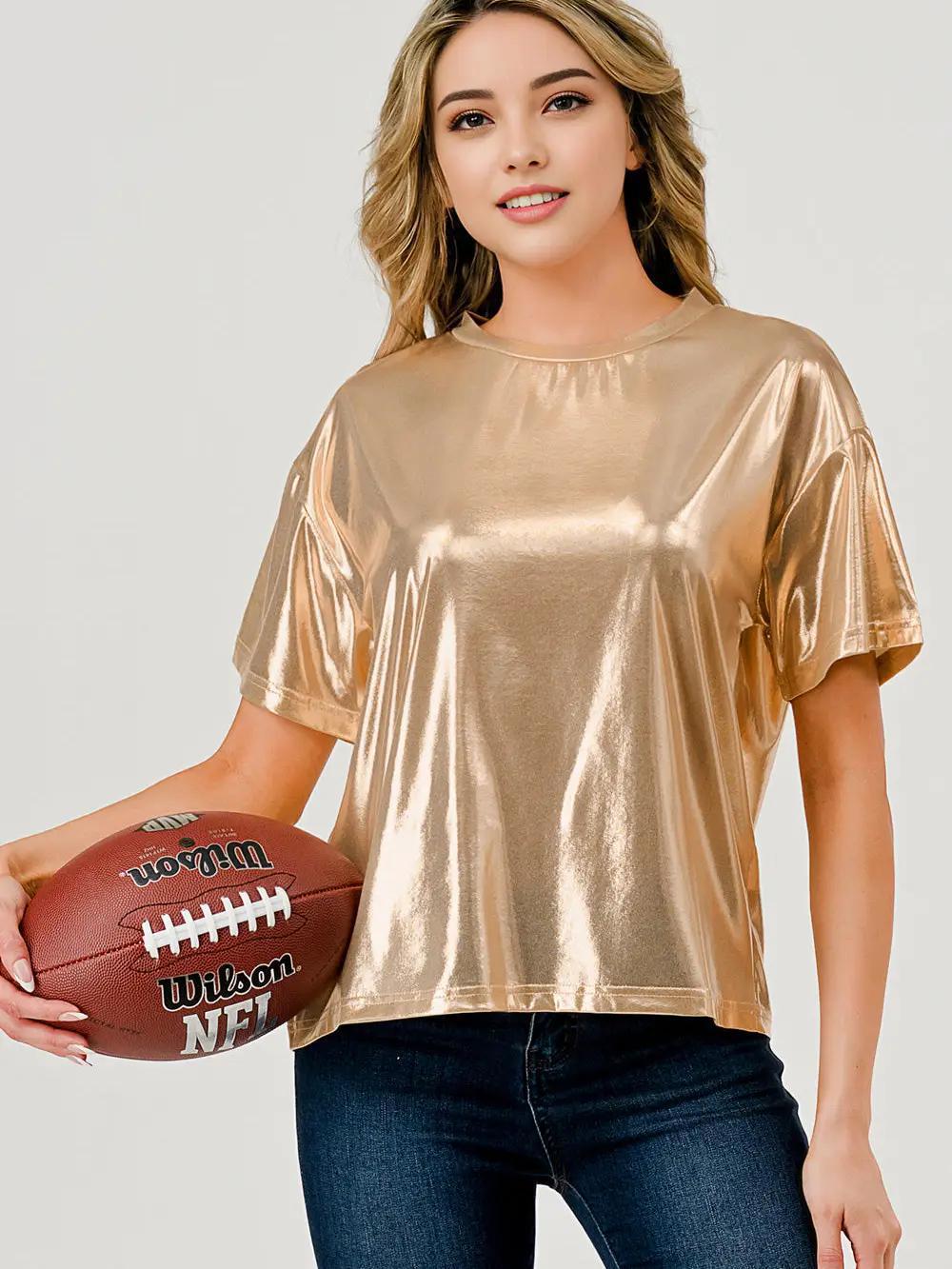 Game Day Metallic Slinky Shimmer T-Shirt Top Gold