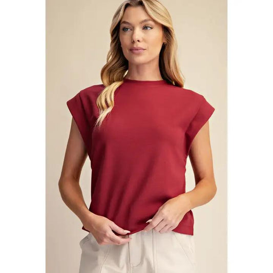 Round Neck Drop Shoulder Pullover Top- Burgungy