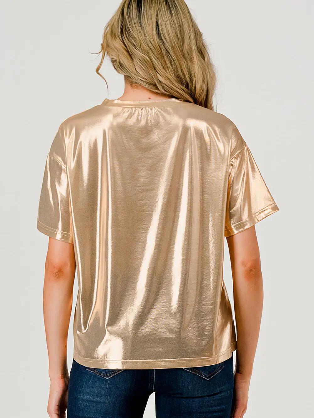 Game Day Metallic Slinky Shimmer T-Shirt Top Gold