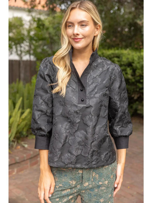 Half Pearl Button Down Floral Jacquard Top