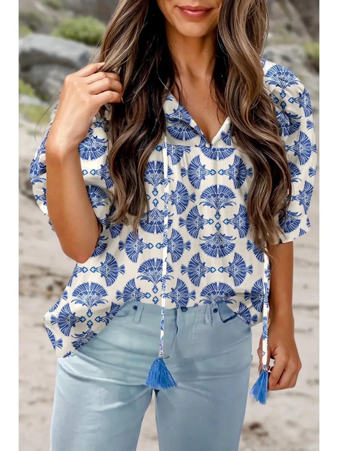 Geometric Print V Neck Fashion Blouse