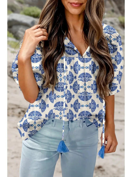 Geometric Print V Neck Fashion Blouse