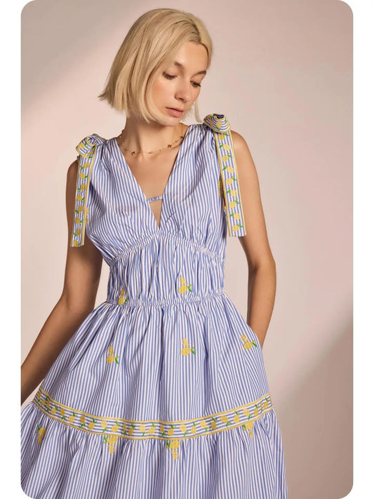 Lemon Embroidery Bow Strap Detail Stripe Midi Dress
