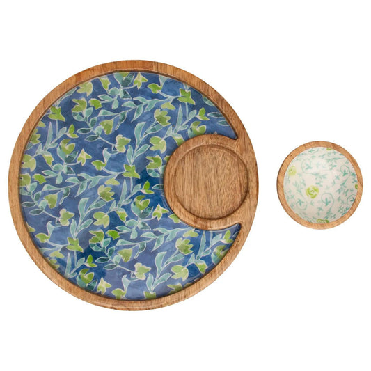 Dia. Azure & Ivy Round Mango Wood Platter & Bowl