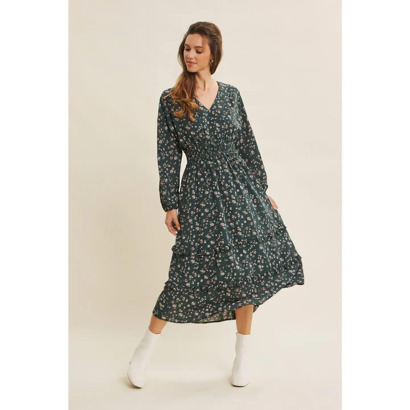V-Neck Floral Smocked Waist Midi Dress With Balloon Sleeves