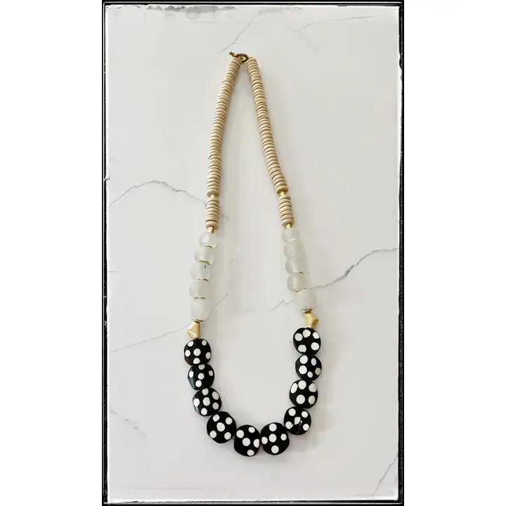 Tan Coconut & Polka Dot African Bone Bead Long Boho Necklace