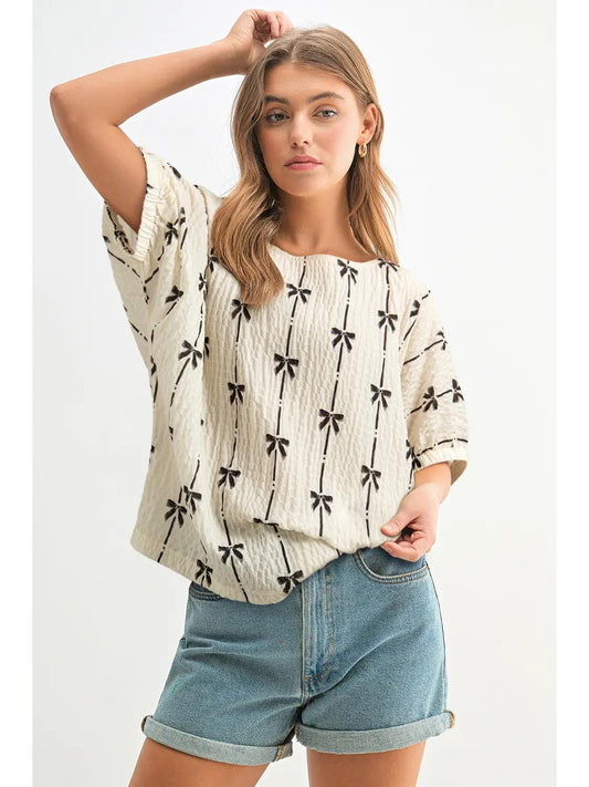 Bow Print Puff Short Sleeve Top