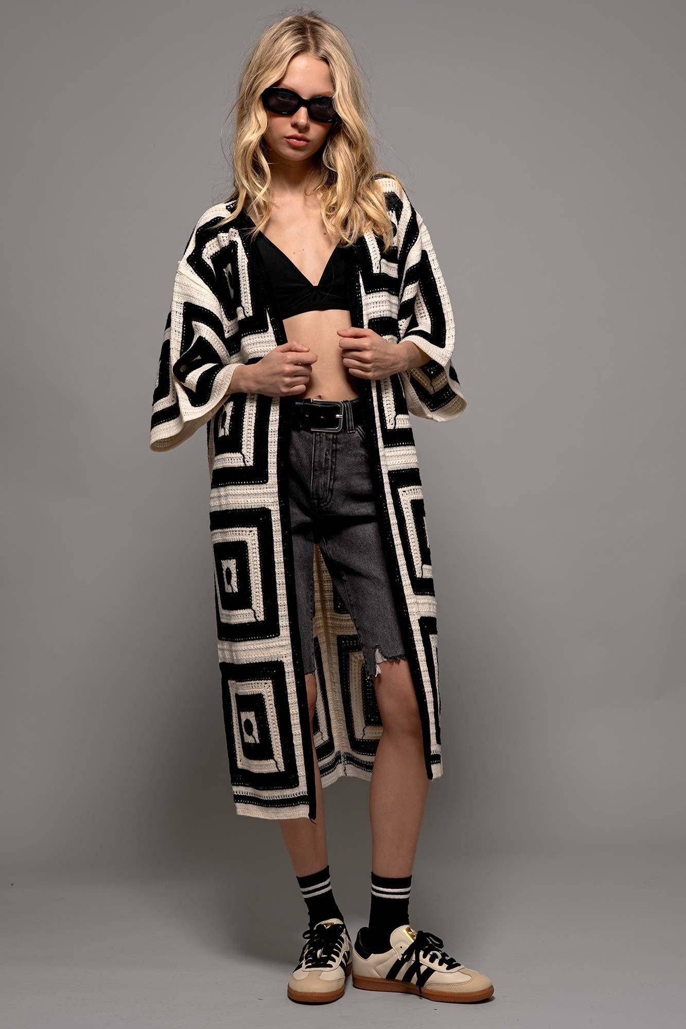 Geometric Crochet Midi Length Open Front Caridgan