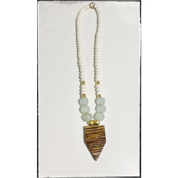 White Wood & Recycled Glass Bead Arrow Pendant Necklace