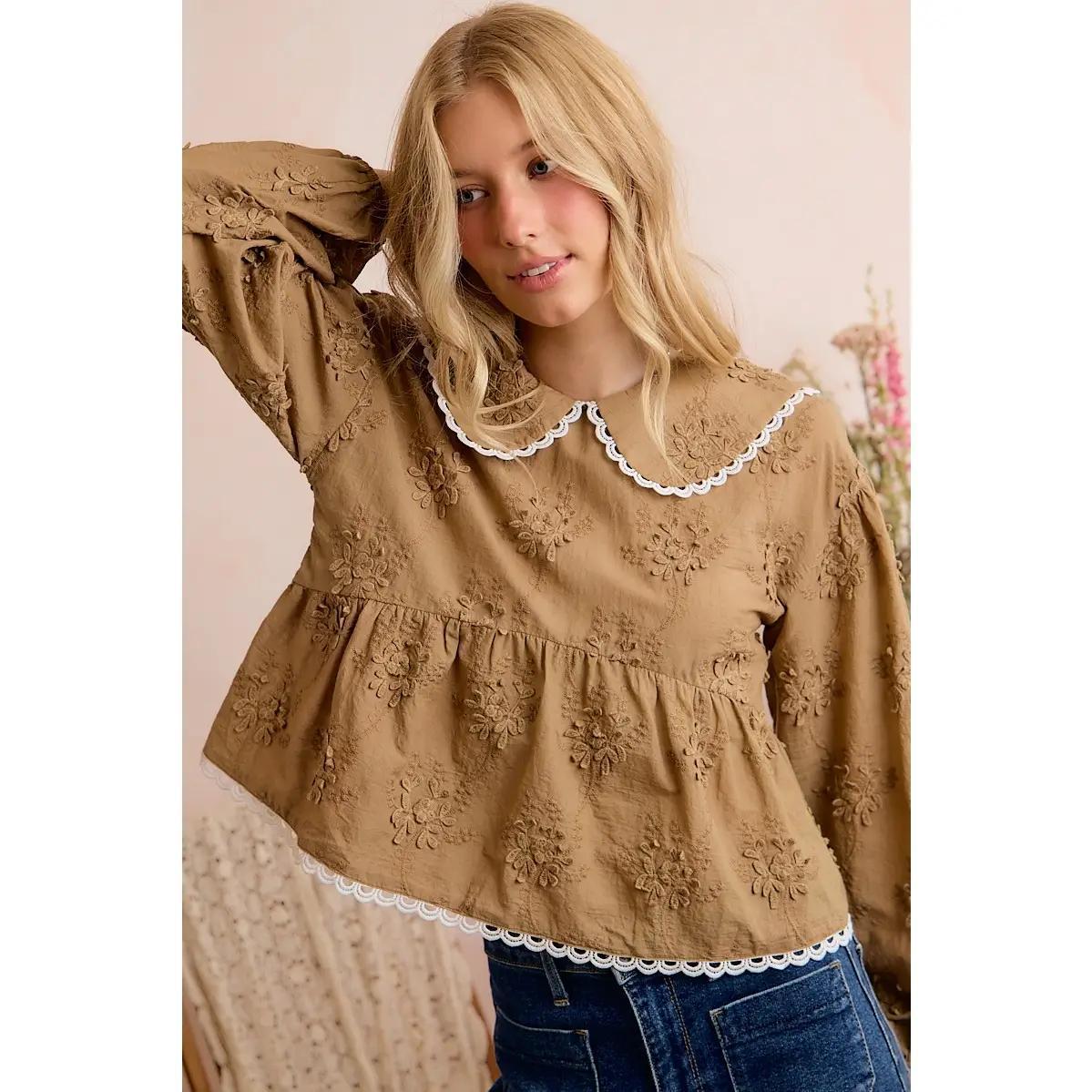 Peter Pan Collar Long Sleeve Blouse with Scallop Lace Trim