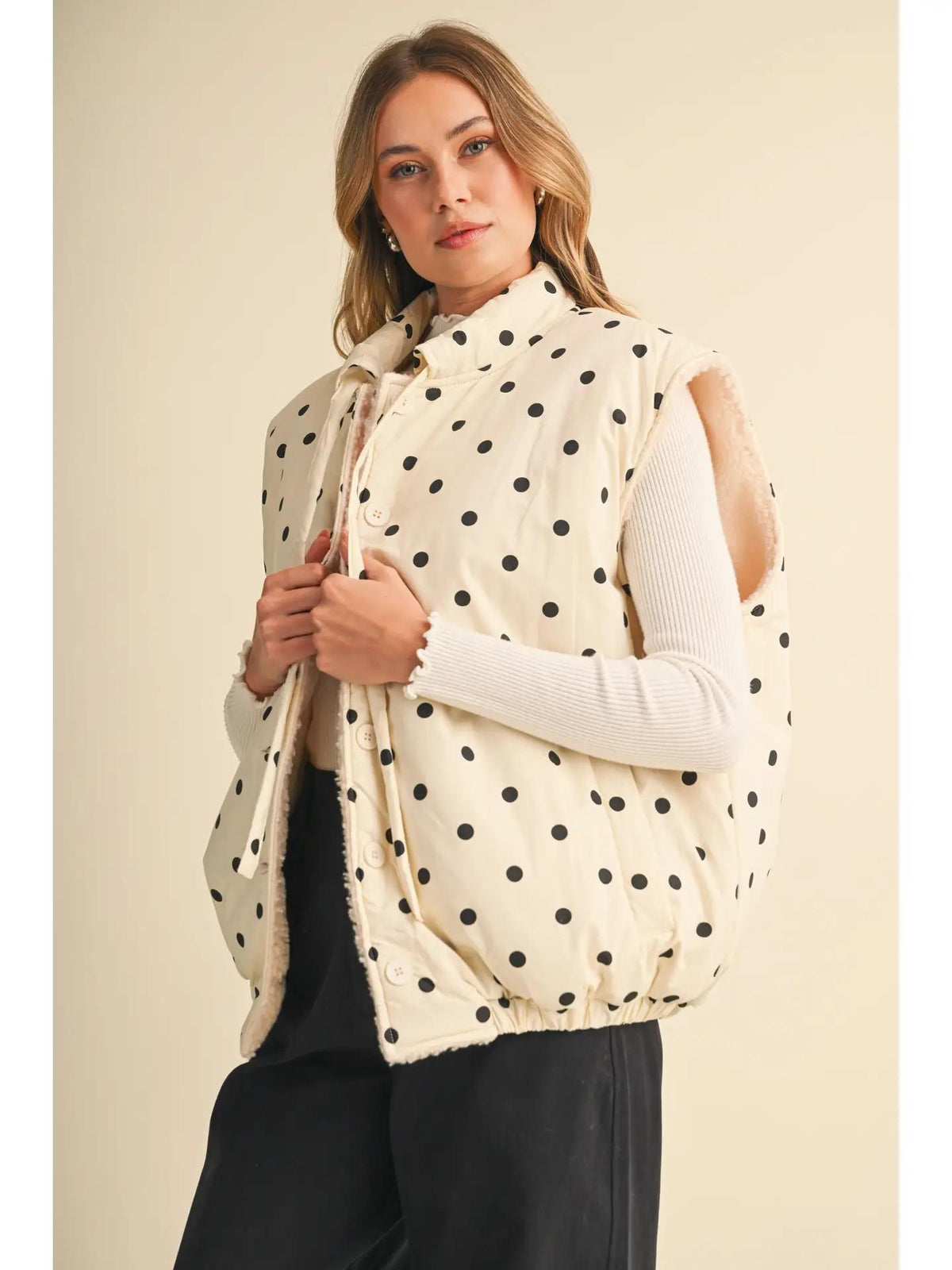 Polka Dot Printed Sherpa Combo Puff Vest