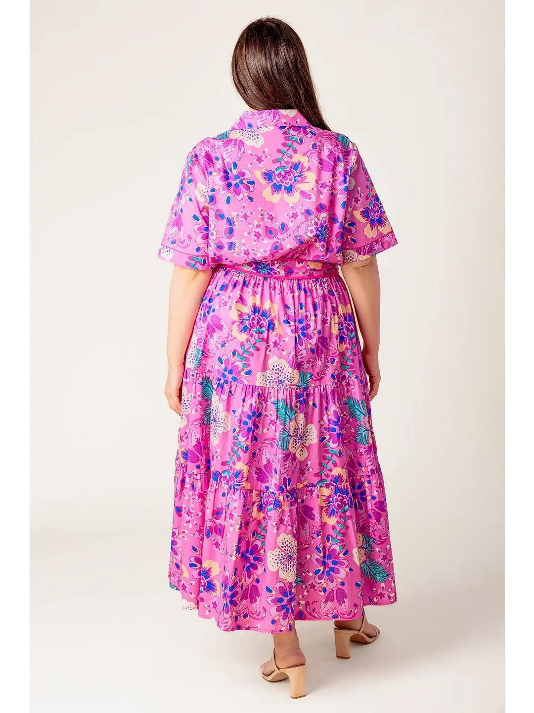 Pink Printed Woven Shirt Midi Dress