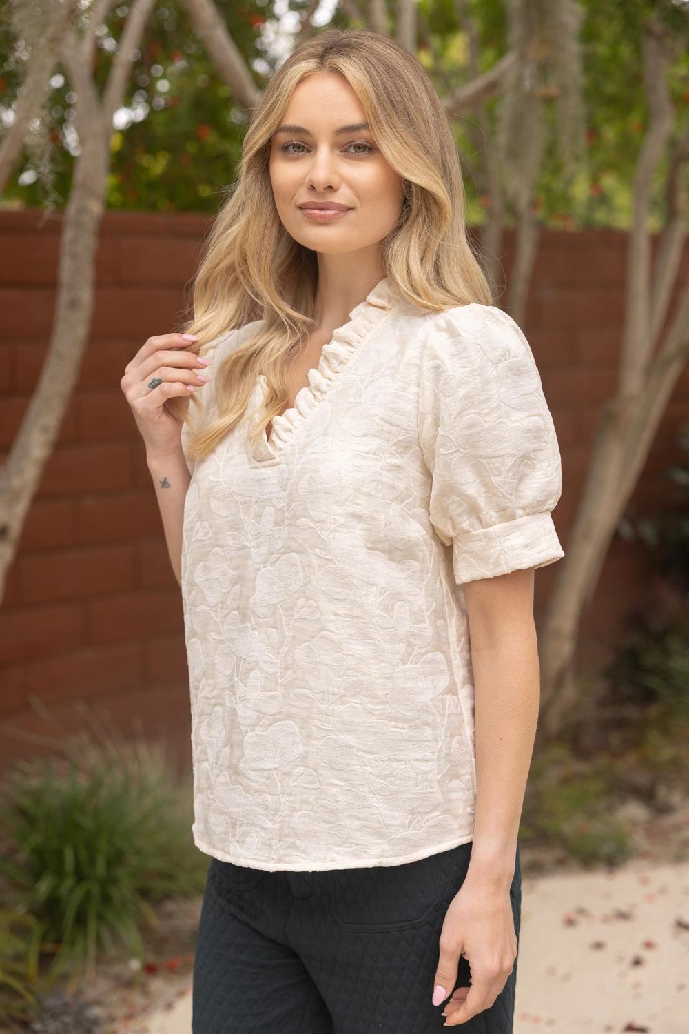 Ruffled V-Neckline Textured Floral Burn Out Top