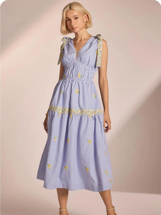 Lemon Embroidery Bow Strap Detail Stripe Midi Dress