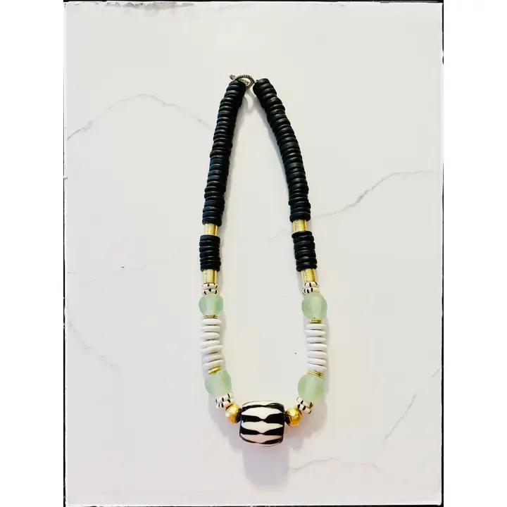 Black Short Wood African Bone Bead Cylinder Pendant Necklace