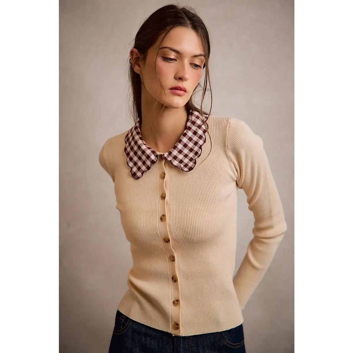 Scallop Edge Collared Button Down Knit Top
