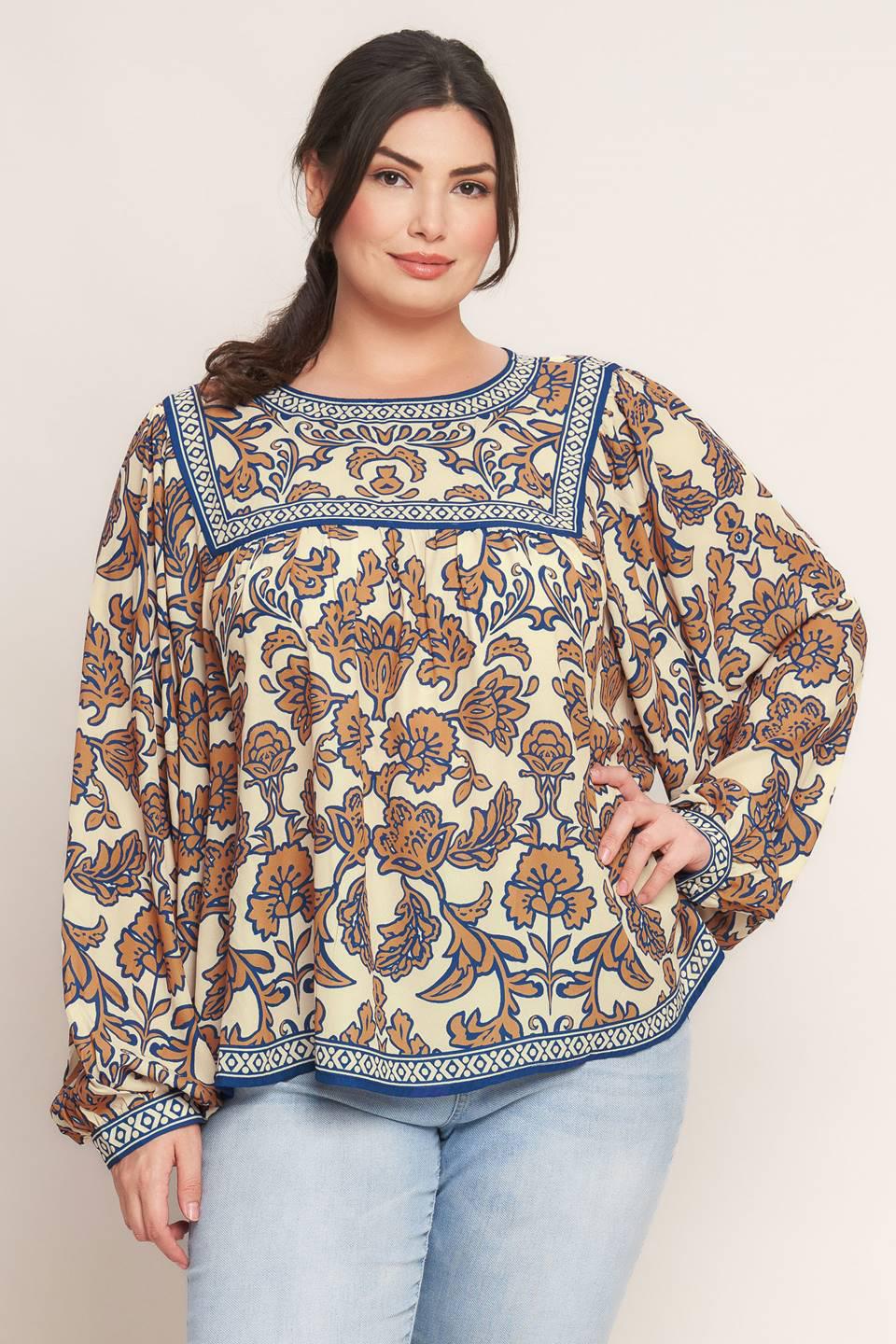 Cream Navy Printed Woven Top