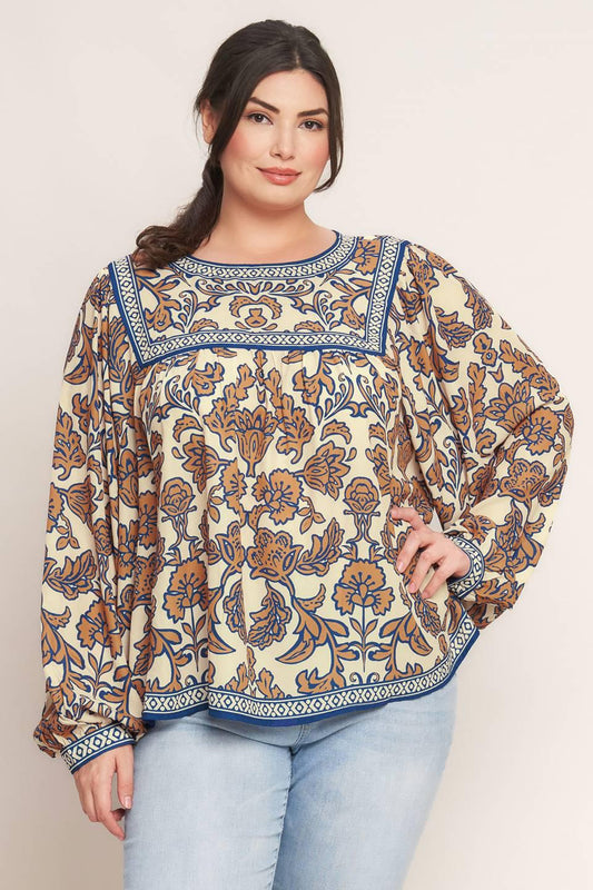 Cream Navy Printed Woven Top