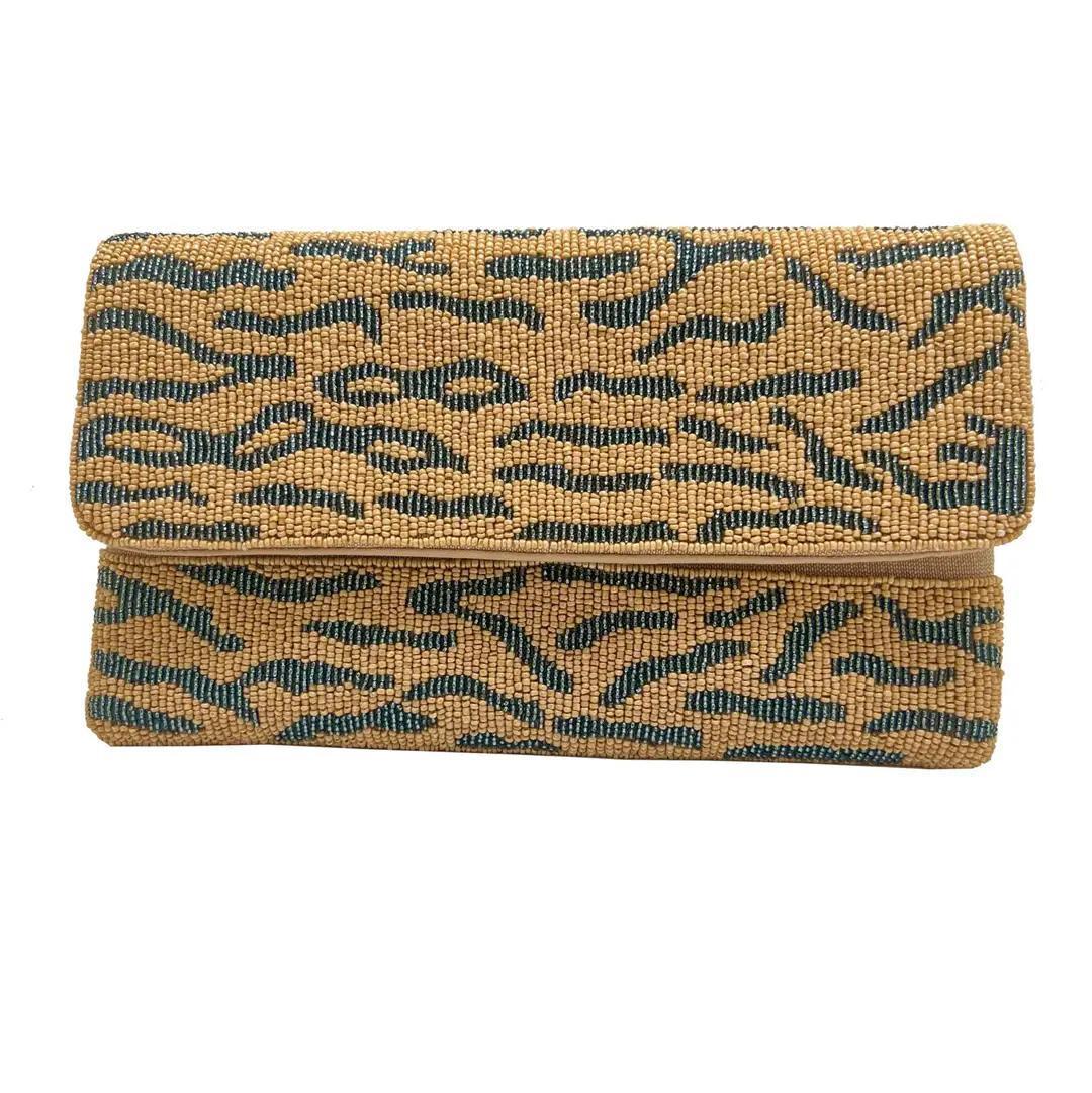 Zebra Animal Print Gold Handmade Beaded Clutch with Chain