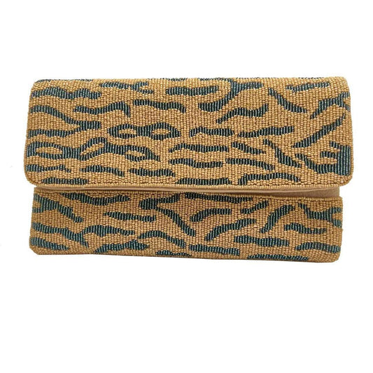 Zebra Animal Print Gold Handmade Beaded Clutch with Chain